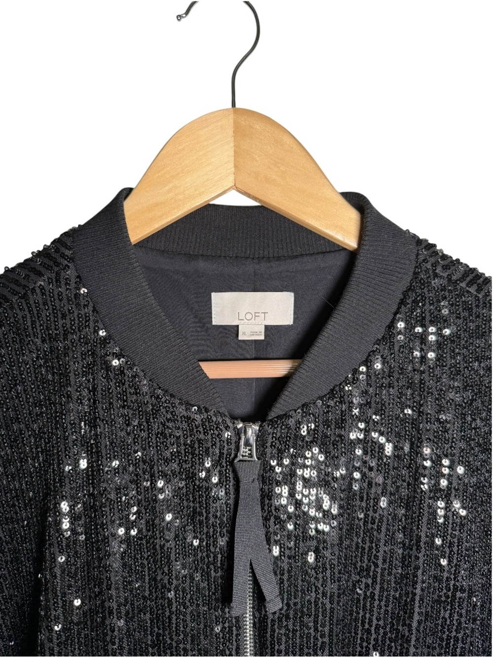 LOFT Black Sequin Full Zip Bomber Jacket Sparkle Evening Size XL - Picture 5 of 9